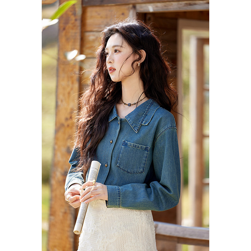 【年末大促】谜秀复古水洗牛仔衬衫女2025秋季新款双层领金属扣