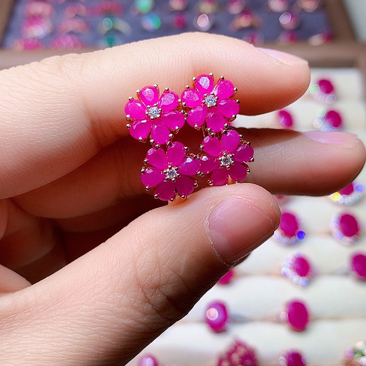 红宝石耳饰银S925镶嵌一**变