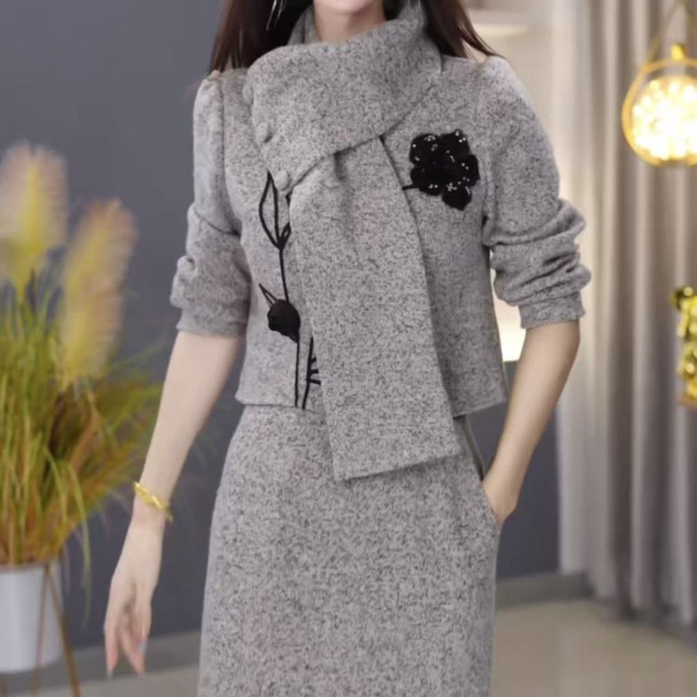 高端洋气长袖三件套连衣裙女2025秋新款上衣半身裙围巾套装