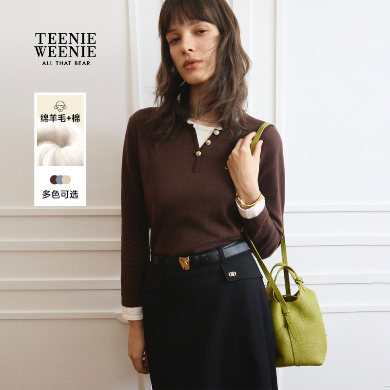 【含绵羊毛】TeenieWeenie小熊25秋款假两件撞色毛衣女TTKW258905W
