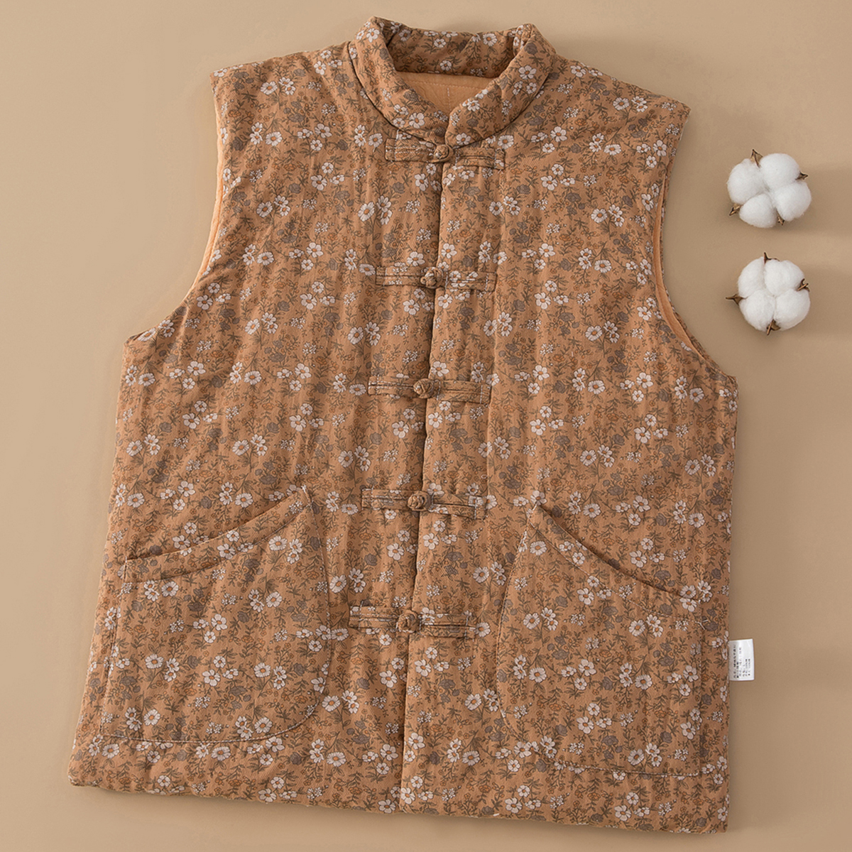 纯棉花国风马甲女修身盘扣外穿加厚保暖棉坎肩秋冬季复古碎花马夹