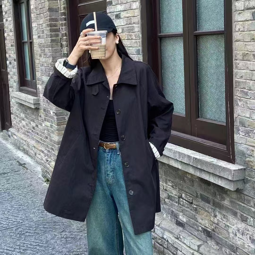 韩版宽松中长款翻领风衣外套女春秋新款高级感休闲上衣