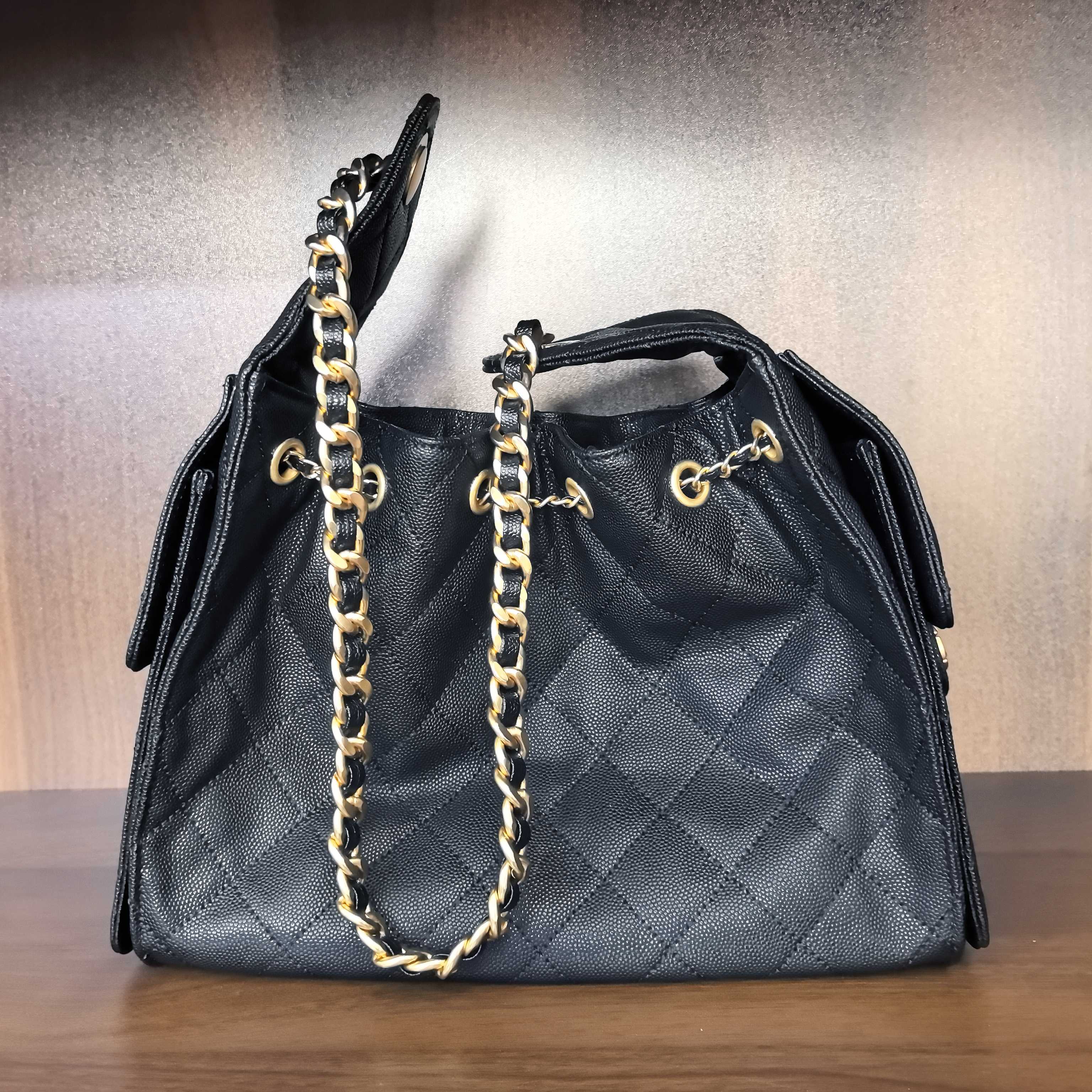 薇薇手工真皮包1036-30-黑色-长30x高23-双耳菱格香A80