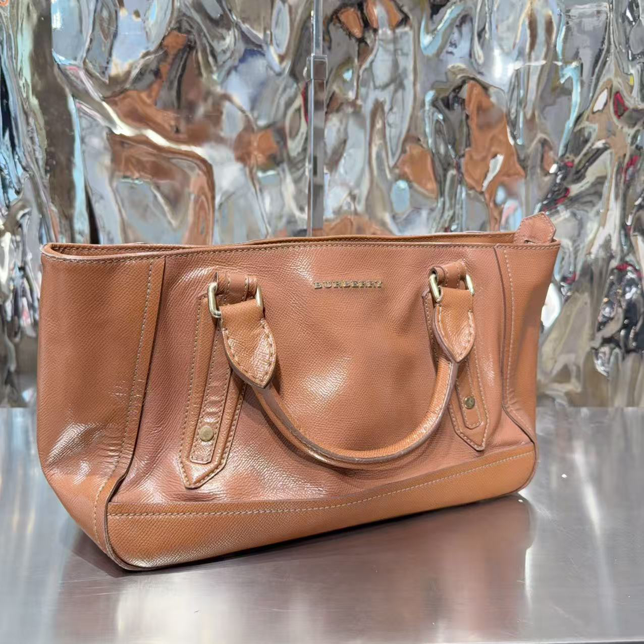 95新 BURBERRY/博柏利 棕色 光面 托特 单肩包