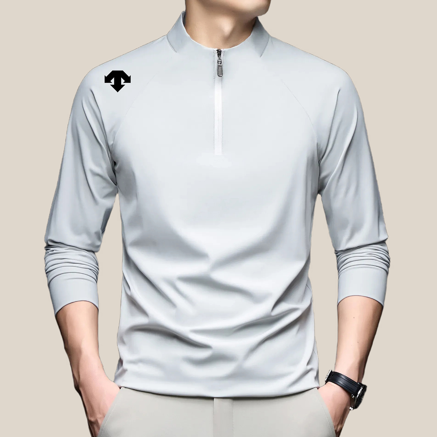 迪桑家运动T恤秋季长袖时尚速干纯色拉链立领户外休闲打底衫上衣