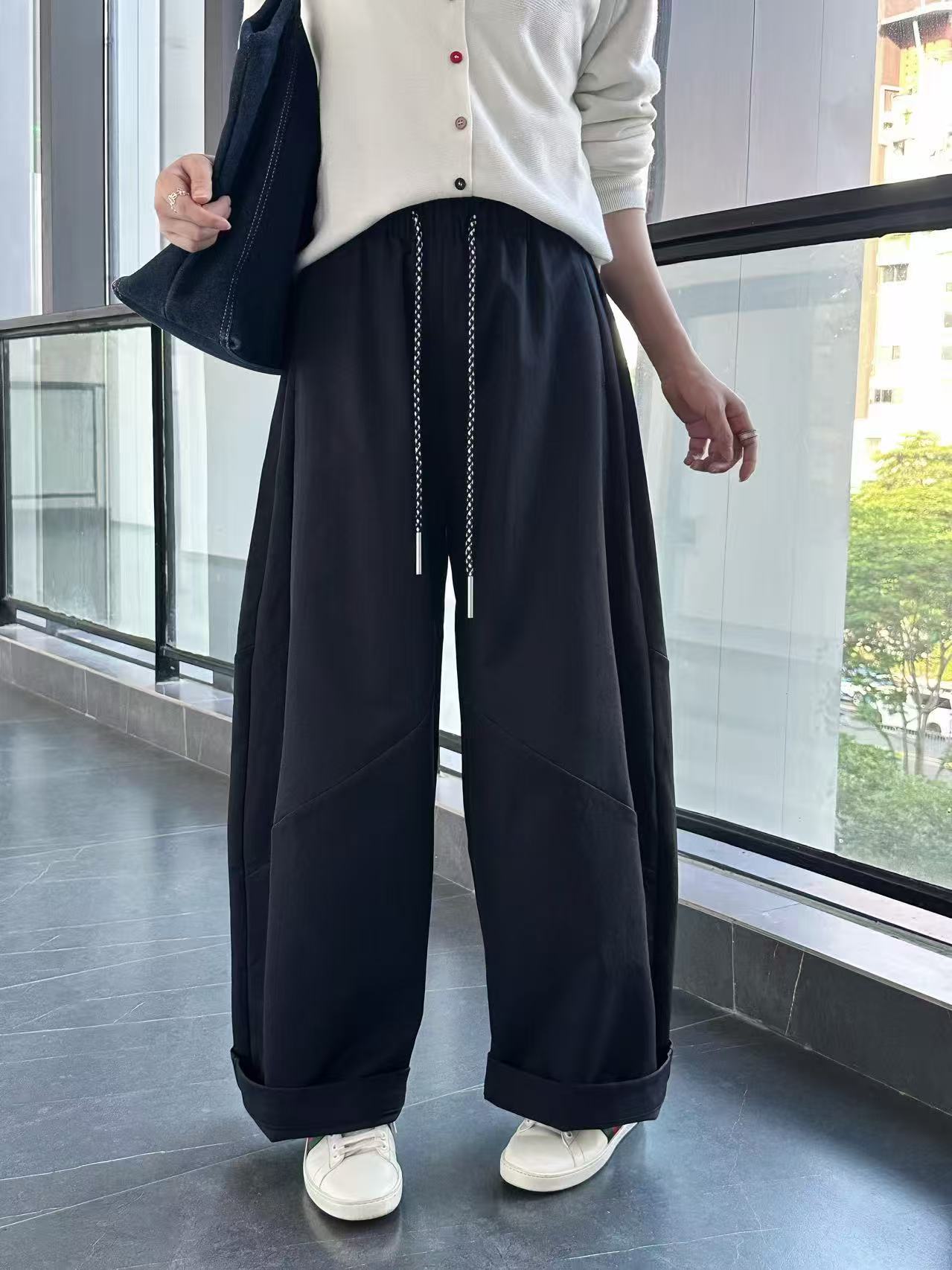 83205女装气质休闲通勤舒适阔腿裤时尚百搭复古长裤抽绳