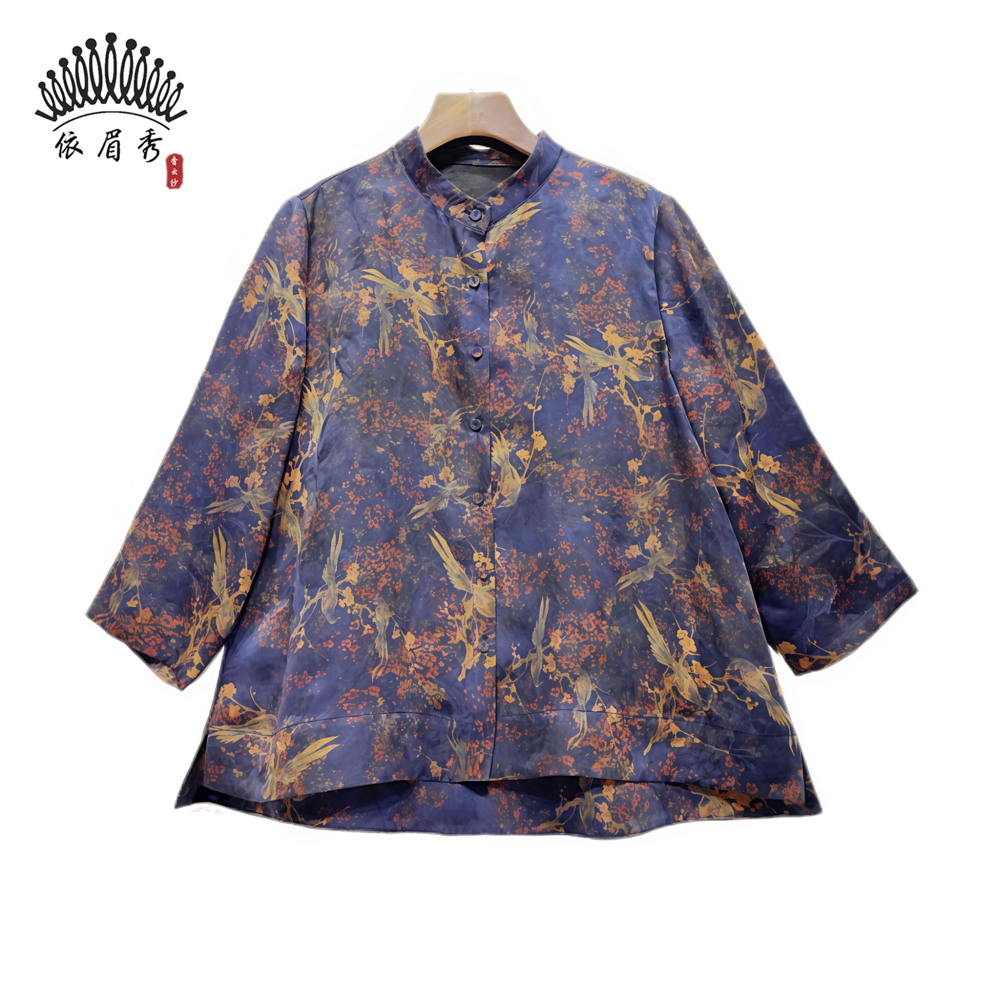 YIMEIXIU/依眉秀香云纱缎面立领休闲七分袖上衣 61182