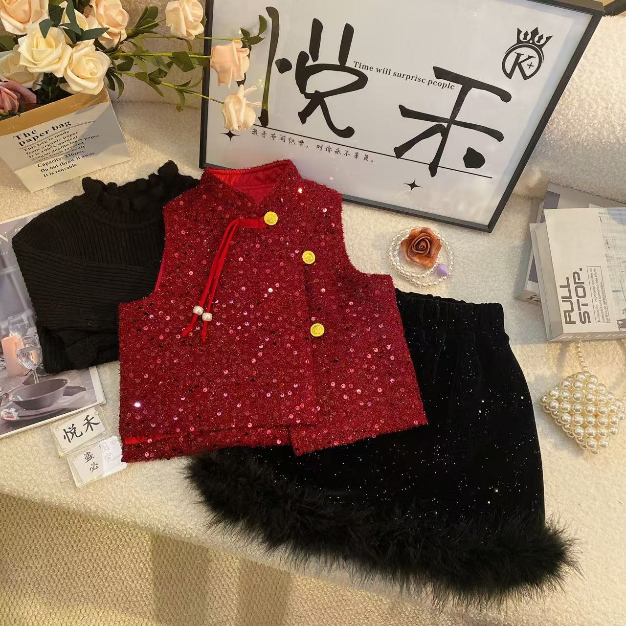 T3【悦禾】萌娃冬装红喜庆加厚暖冬国风百搭拜年服马甲加绒裙6415