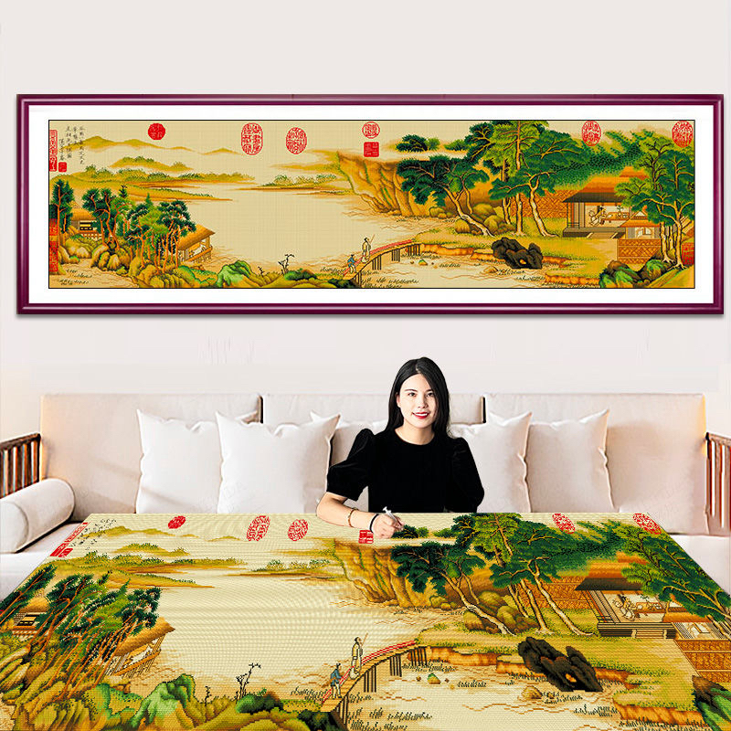 纯手工十字绣成品携琴访友图国画山水画客厅绣好的图2.5米人工绣