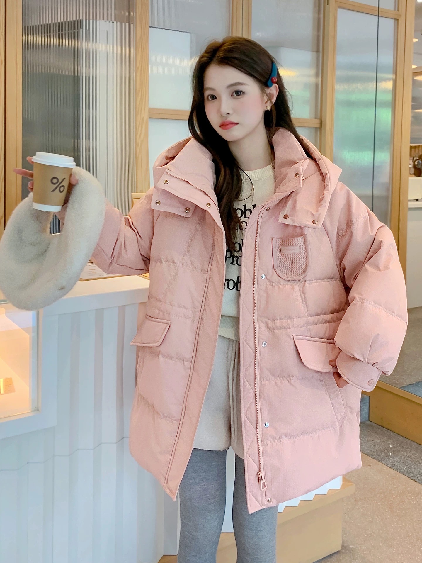 909一侧针织口袋羽绒服