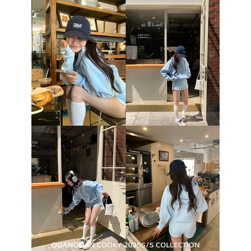 圈圈cooky   白女日常 连帽抽绳卫衣短裤套装L0791C