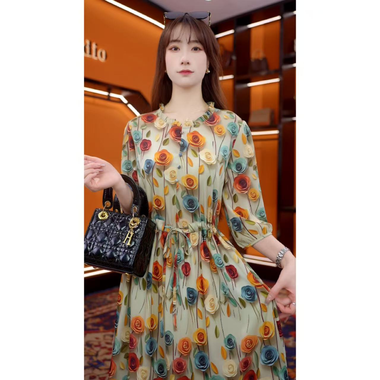 彩玫瑰-2025新款高端连衣裙高贵显瘦夏季妈妈装法式中长款-梦梦