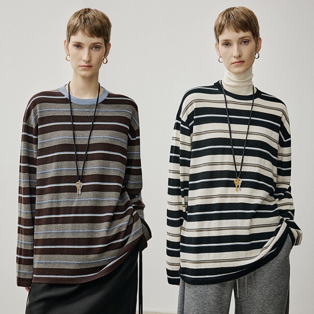 开间/INS爆火 德国BIELLA可水洗羊毛复古撞色彩条加厚廓形针织衫