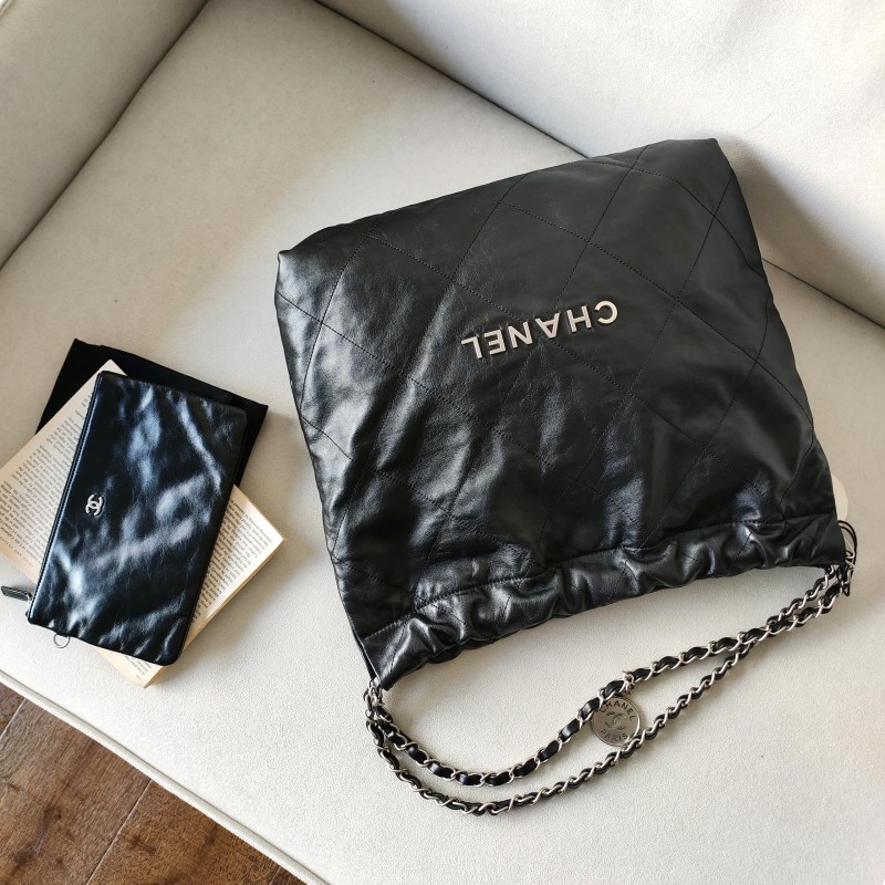 99新 Chanel/香奈儿 Azul- 23S黑银亮面牛皮22bag中号单肩包52799