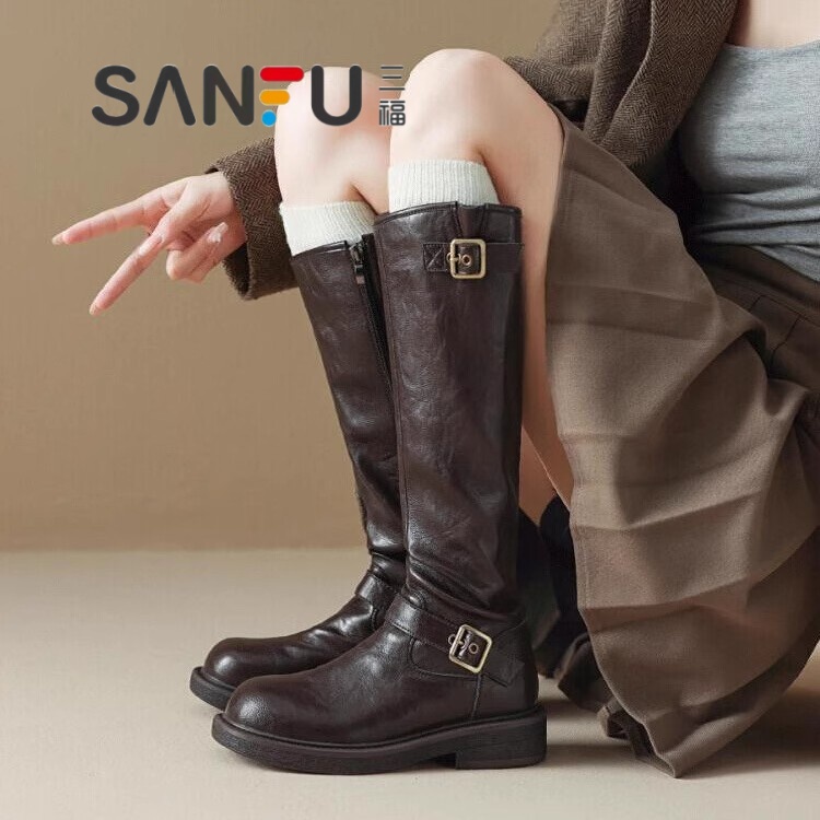 三福圆头皮带扣长筒骑士靴女2025新款秋冬加绒不过膝显瘦高筒长靴