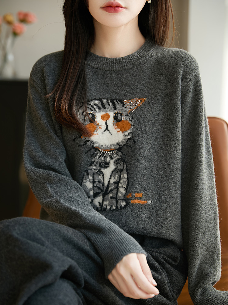 秋冬新款小猫刺绣镶钻女羊毛针织衫百搭宽松毛衣套头