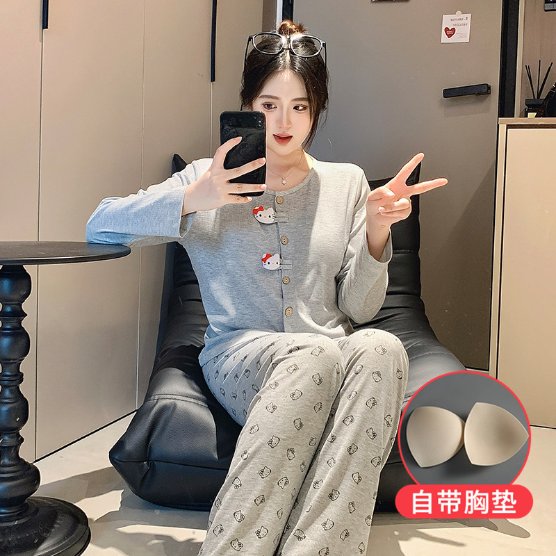 秋季新款少女长袖带胸垫睡衣卡通学生透气亲肤甜妹家居服套装