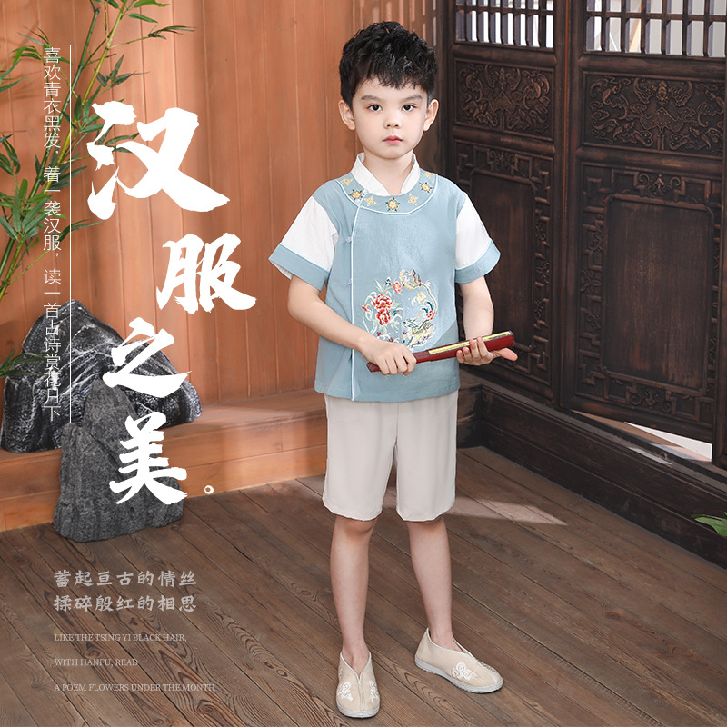 男童汉服夏季国风短袖薄款古装表演服两件套古风衣服儿童唐装汉服