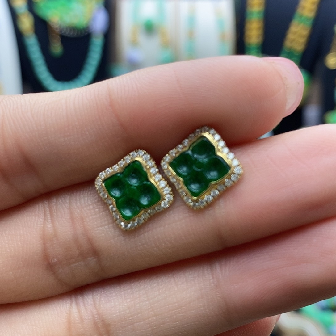 翡翠耳饰18K金镶嵌天然