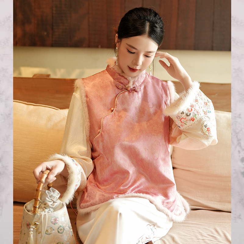 【琉璃】冬季马甲女外穿冬夹棉水貂毛叠穿外套2025新中式国风上衣