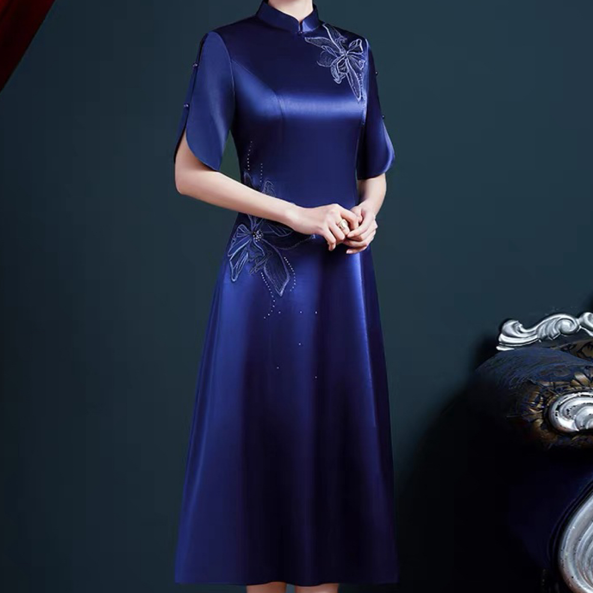 9287-婚礼碎花中长裙常规款牡丹花旗袍中长款表演服走秀