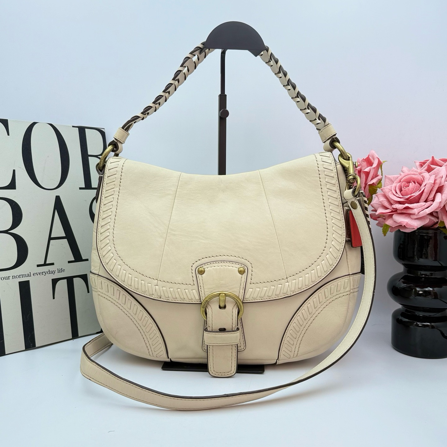 95新 COACH/蔻驰 蔻驰/Coach 9332 白色麻花手提斜挎包30x24