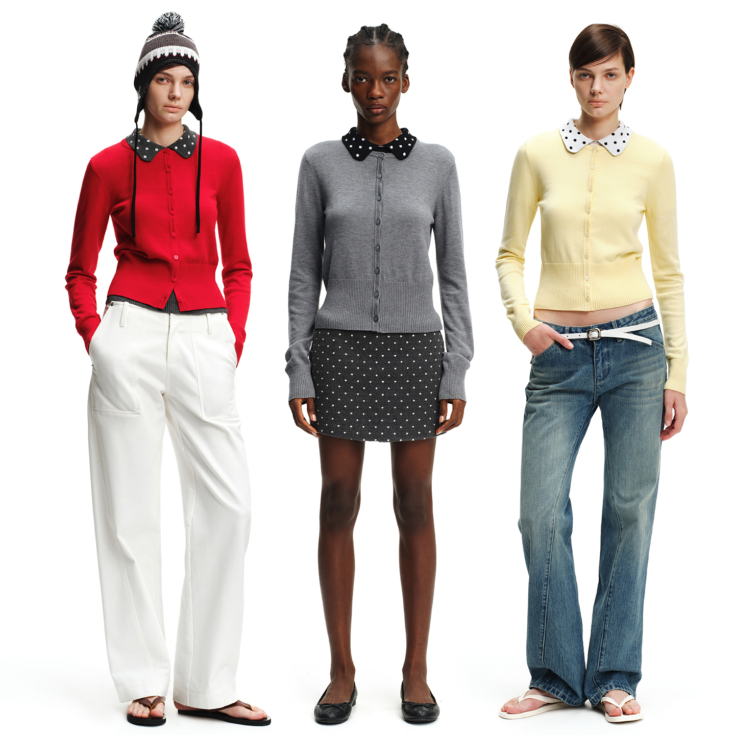 SMIIILE松弛感毛针织开衫外套+内搭翻领波点短袖针织上衣两件套