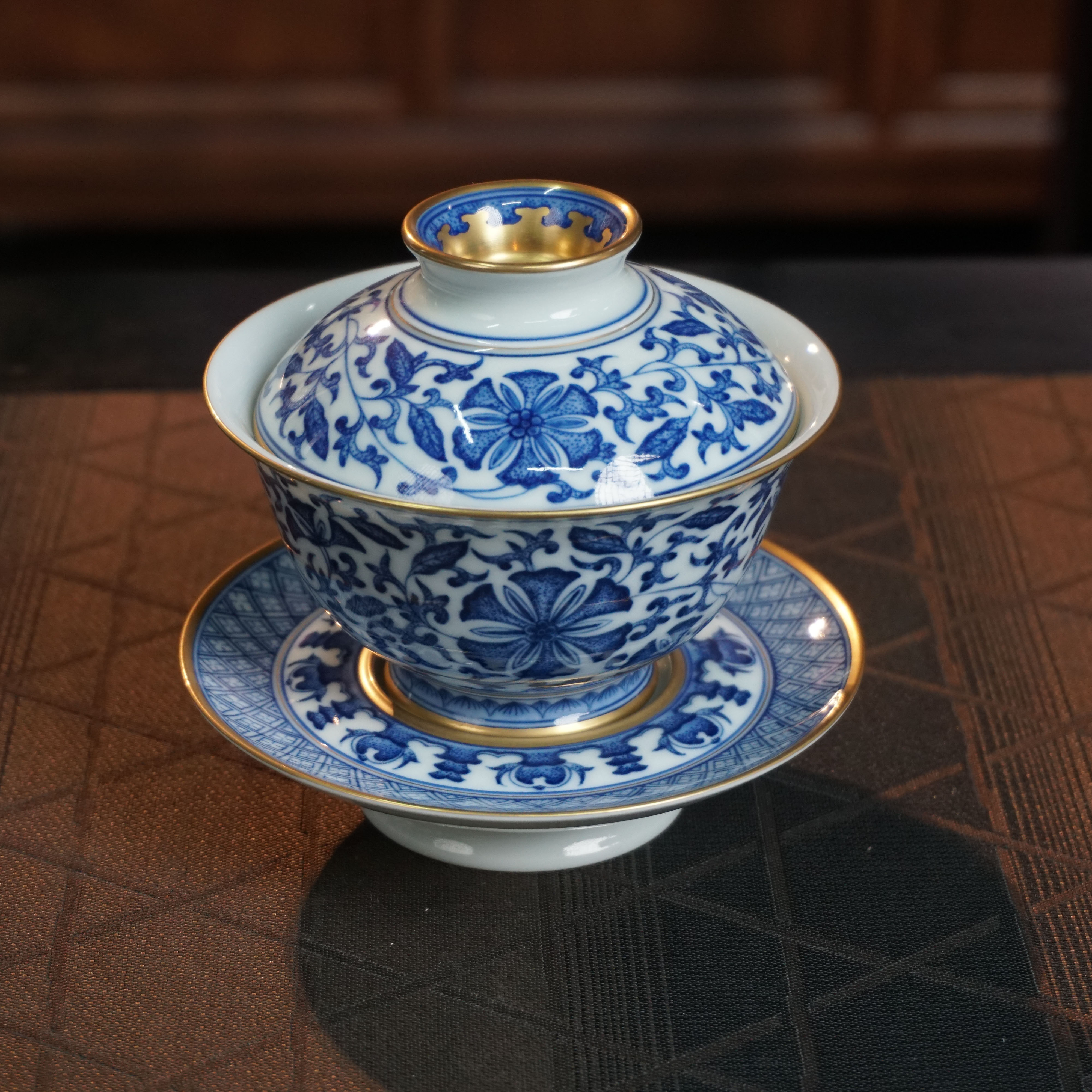 景德镇纯手绘高端柴窑点工描金三才盖碗150ml-96508复古大盖碗