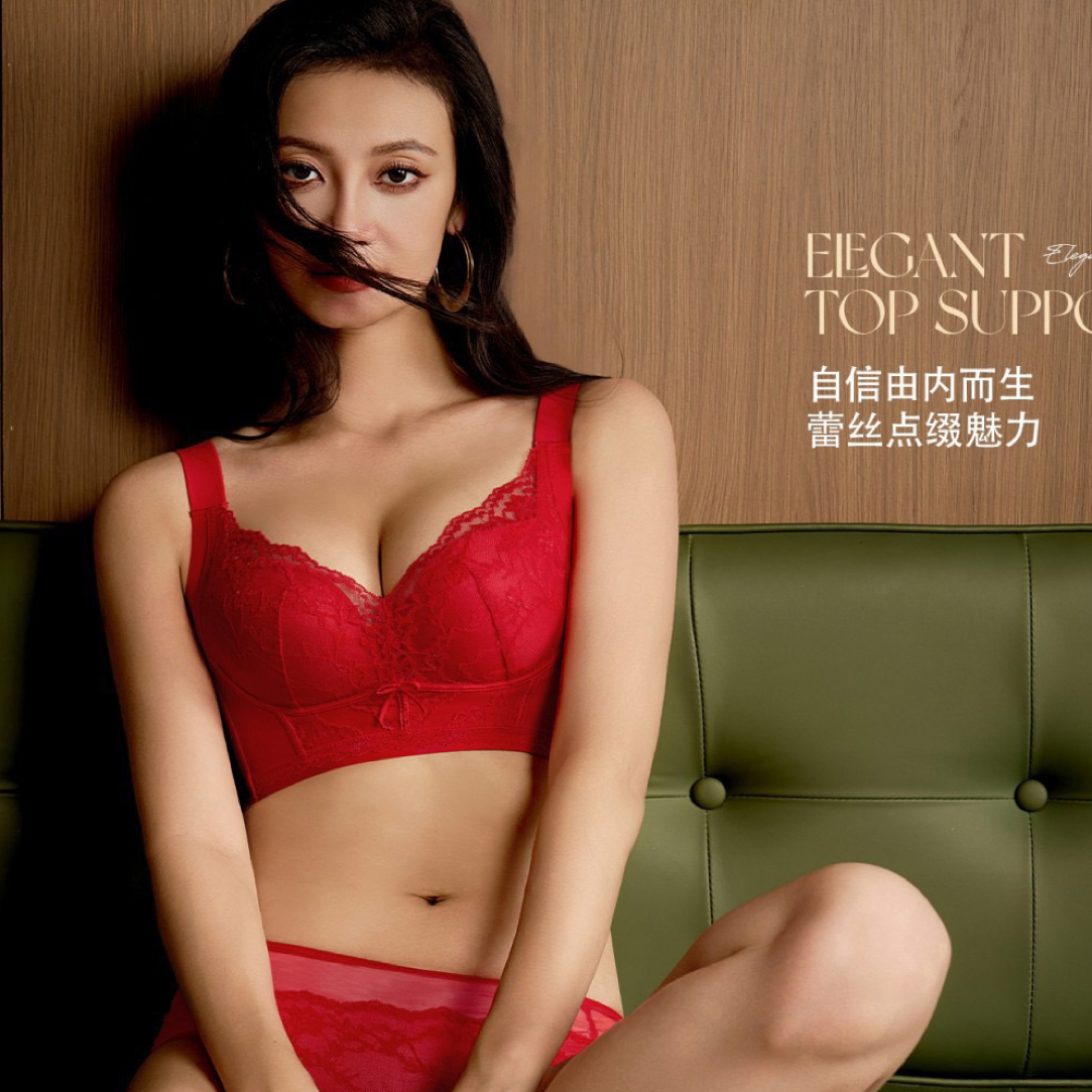 五排扣b杯薄杯无钢圈优雅法式蕾丝轻薄聚拢收副乳内衣8655B34-B40