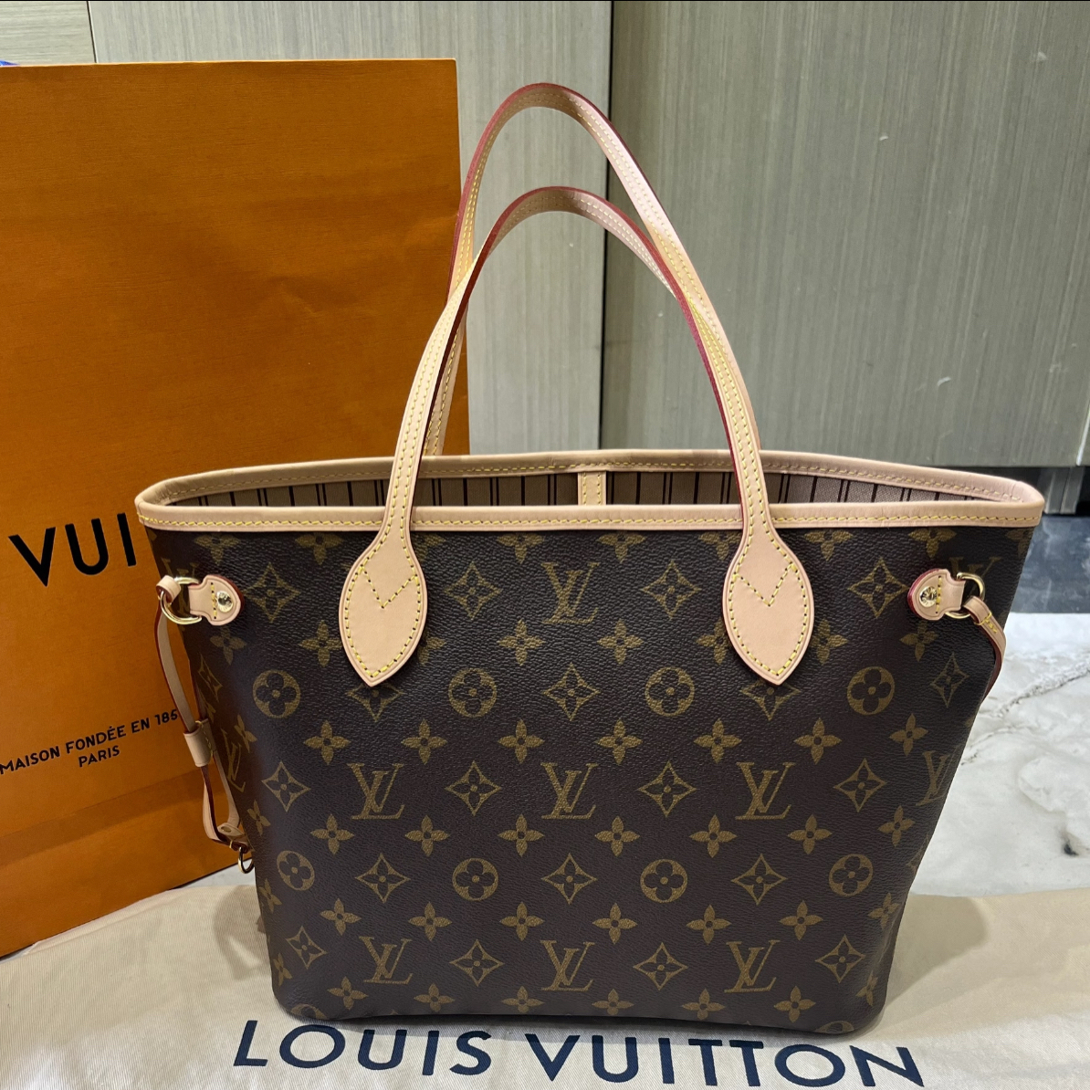 95新 LouisVuitton/路易威登 老花小号neverfull带子袋芯片款