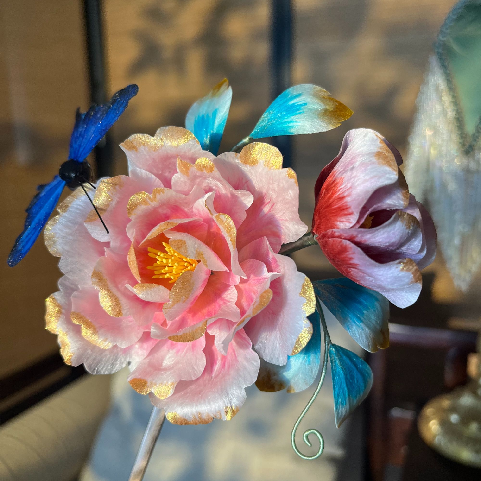 蓝蝴蝶粉芙蓉非遗绒花头饰