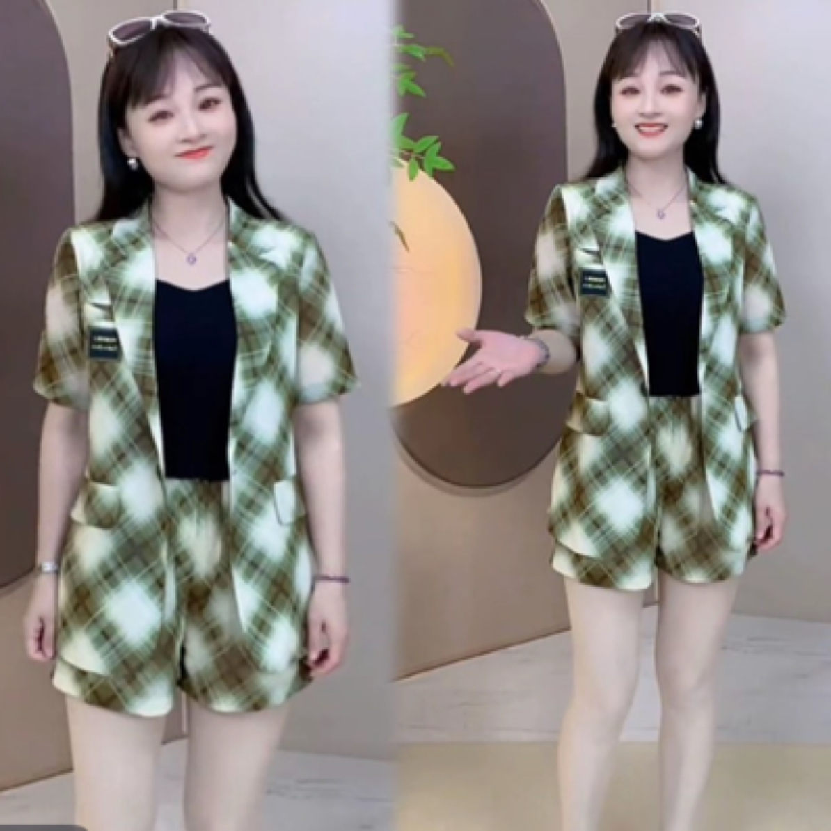 25103#-10【衣长72裤长40】夏季新款格子西装短裤套装