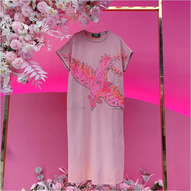 A1536欧美设计师2025春夏新款重工钉珠刺绣亮片凤凰休闲连衣裙女