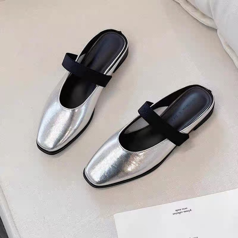 低跟胶粘鞋纯色修面皮包头包头拖网红夏季欧若智性风