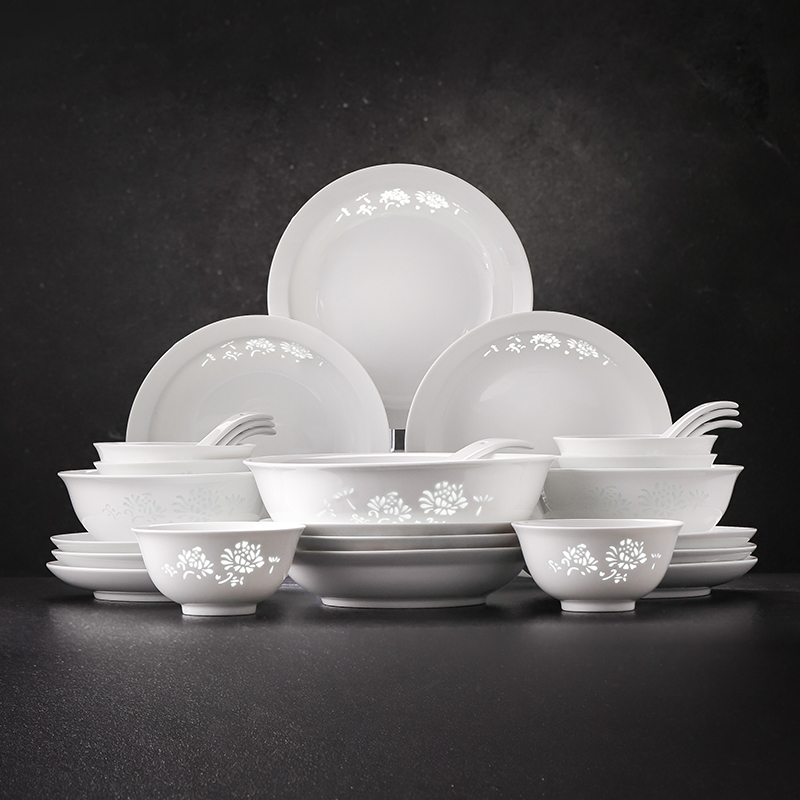 景德镇无铅纯白色玲珑瓷高颜值碗盘餐具套装全套乔迁送礼花开满堂