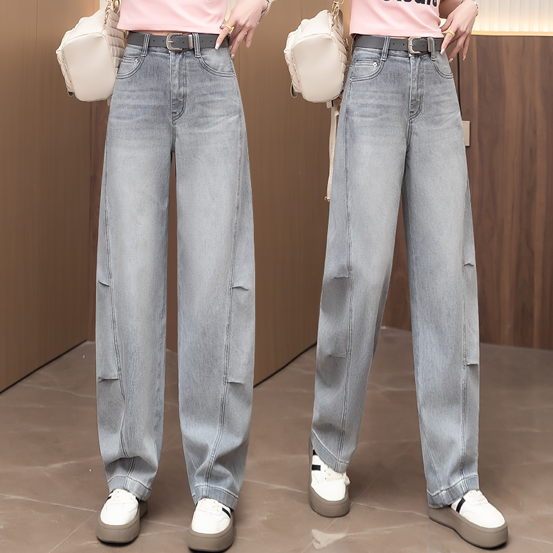浅灰色牛仔弯刀裤女夏季2025新款高腰宽松垂感休闲阔腿直筒镰刀裤