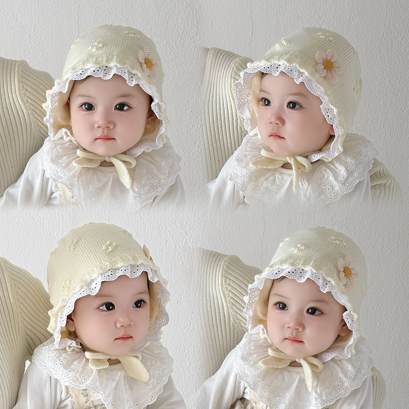 冬季宝宝休闲风无檐帽子婴儿针织帽护耳少女风婴幼儿蕾丝公主风