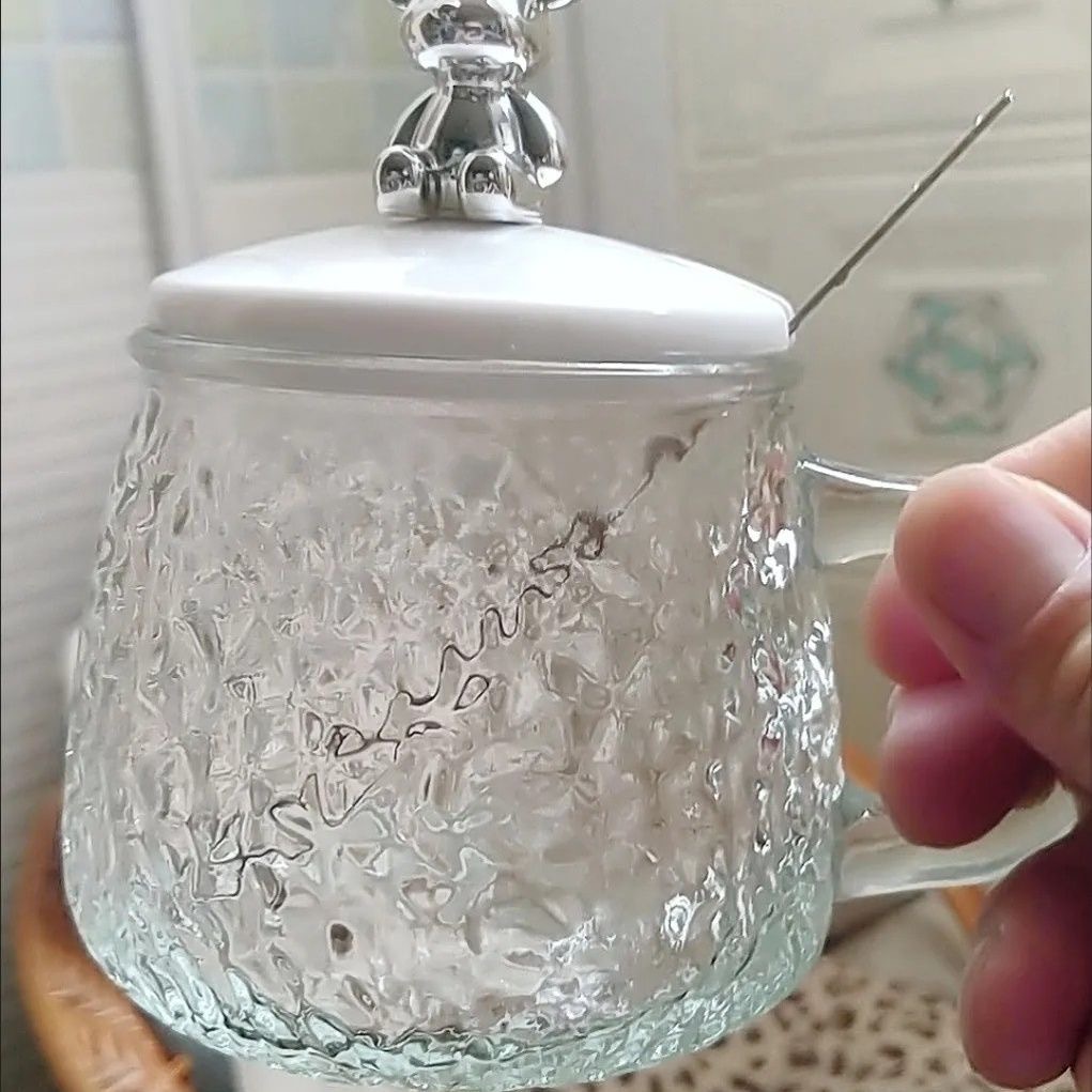 马克玻璃水杯冰川泡茶杯家用花茶杯耐热玻璃锤纹把杯ins