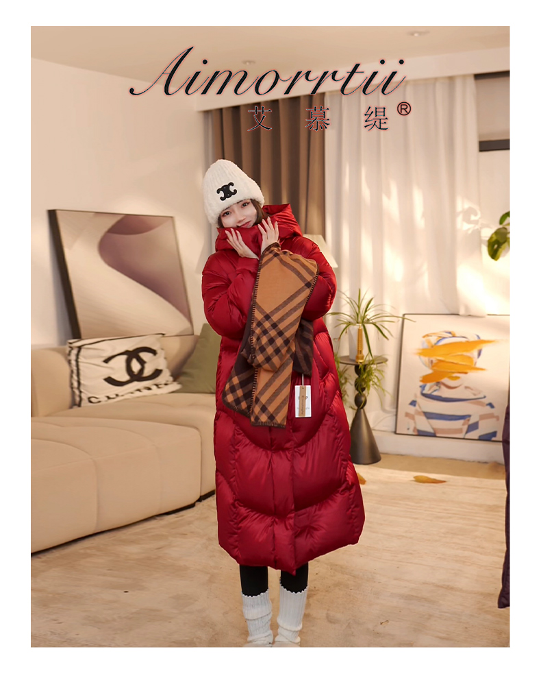 羽绒服长款加厚保暖时尚过膝女装羽绒服红色【帽子可拆卸】百搭R278