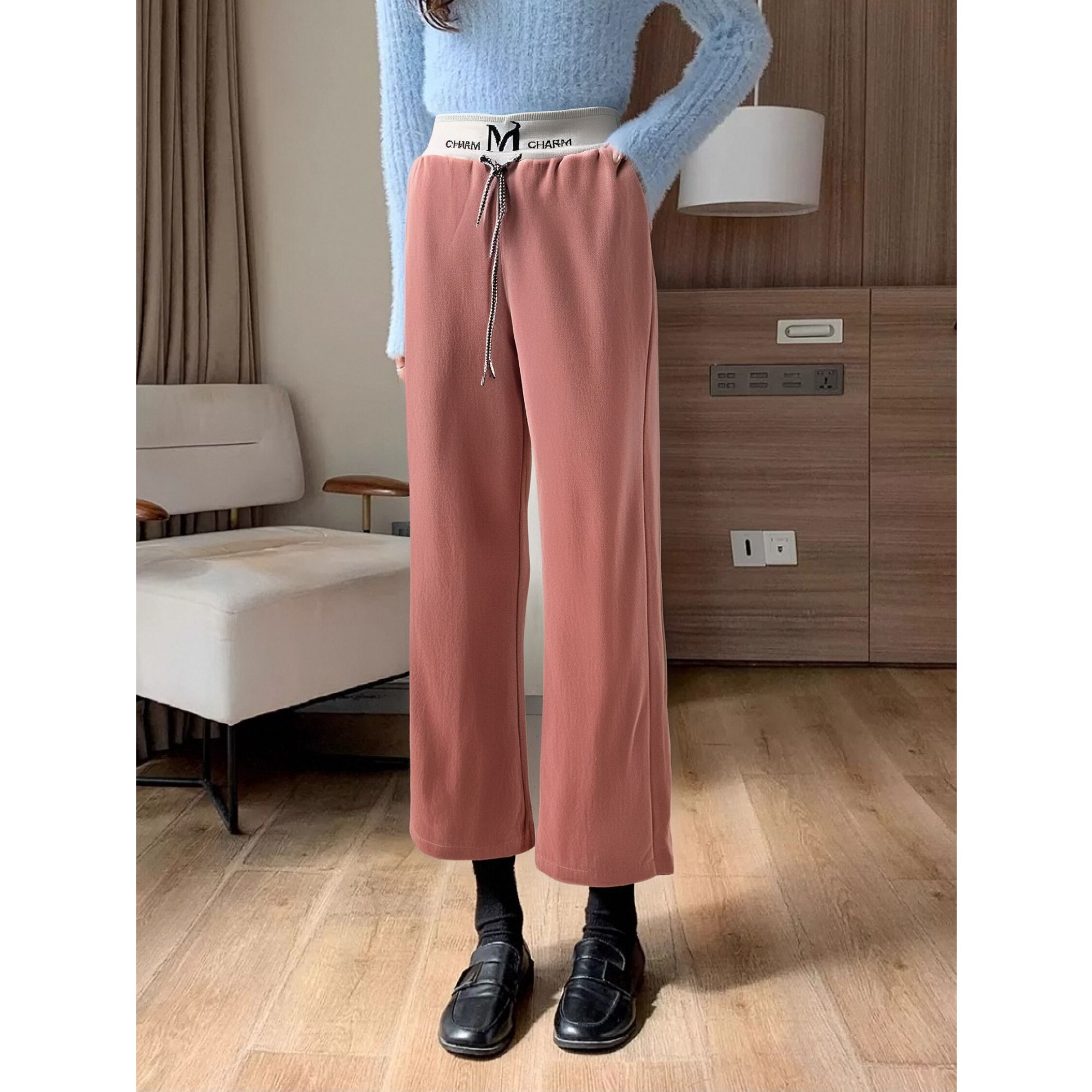 1902#（实物以直播间展示为准）迷你绒阔腿设计感高腰垂坠感直筒裤