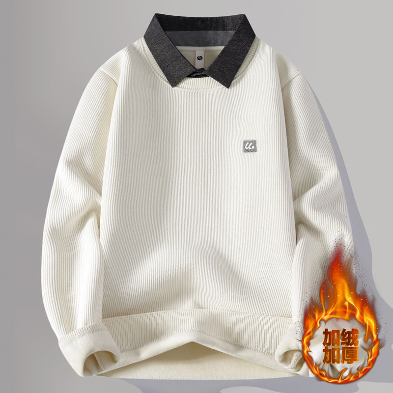 一体绒毛衣男秋冬季潮牌假两件休闲保暖衬衫领加绒加厚针织衫上衣