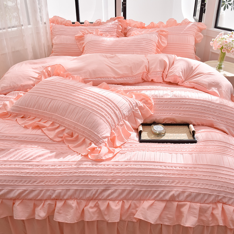 莫奈网红韩式韩版纯色荷叶边泡泡纱皱皱纱四件套