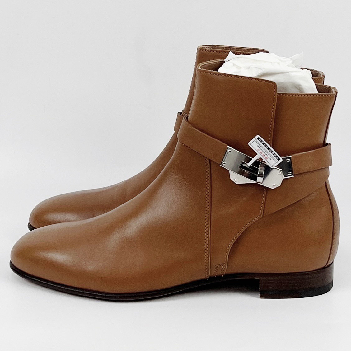 99新 Hermes/爱马仕 37.5码 金棕色Kelly扣短靴 lm4023