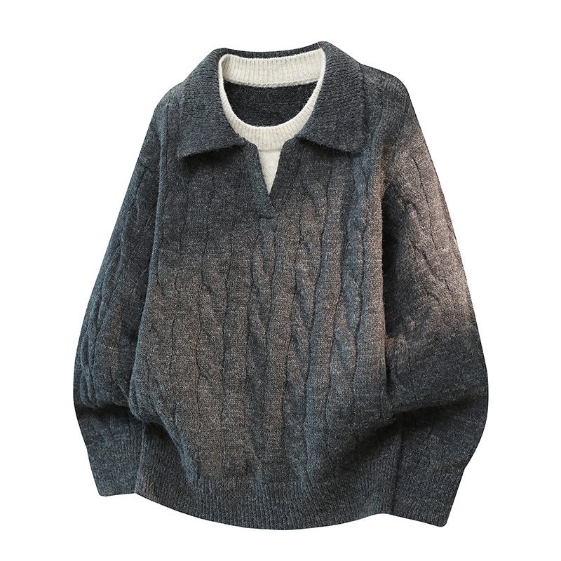 假两件深灰色麻花毛衣男秋冬慵懒风翻领针织衫cleanfit内搭打底衫