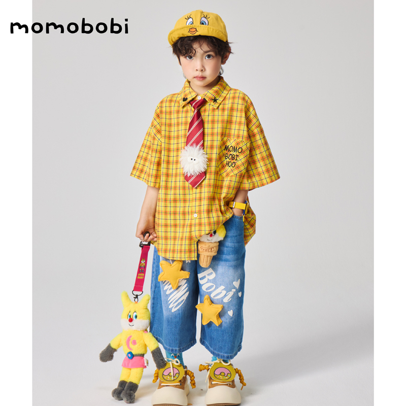 momobobi自制夏款衬衫韩版个性格子衬衣刺绣字母领短袖透气上衣潮