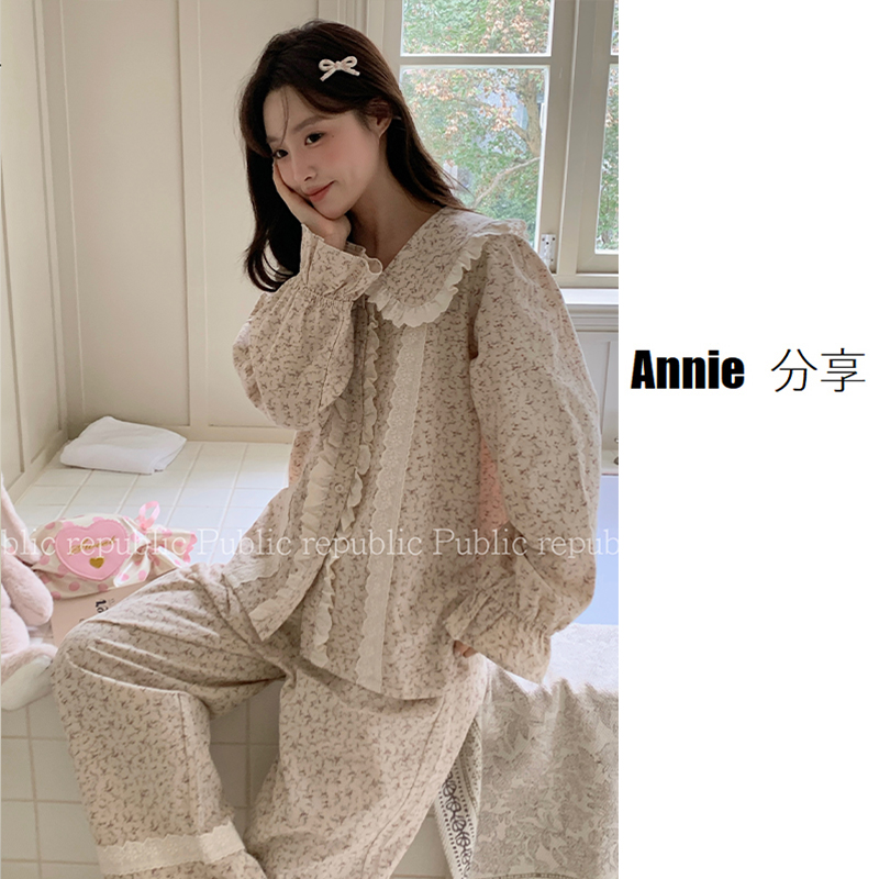 复古/韩国Public republic睡衣女/长袖宫廷风纯棉家居套装