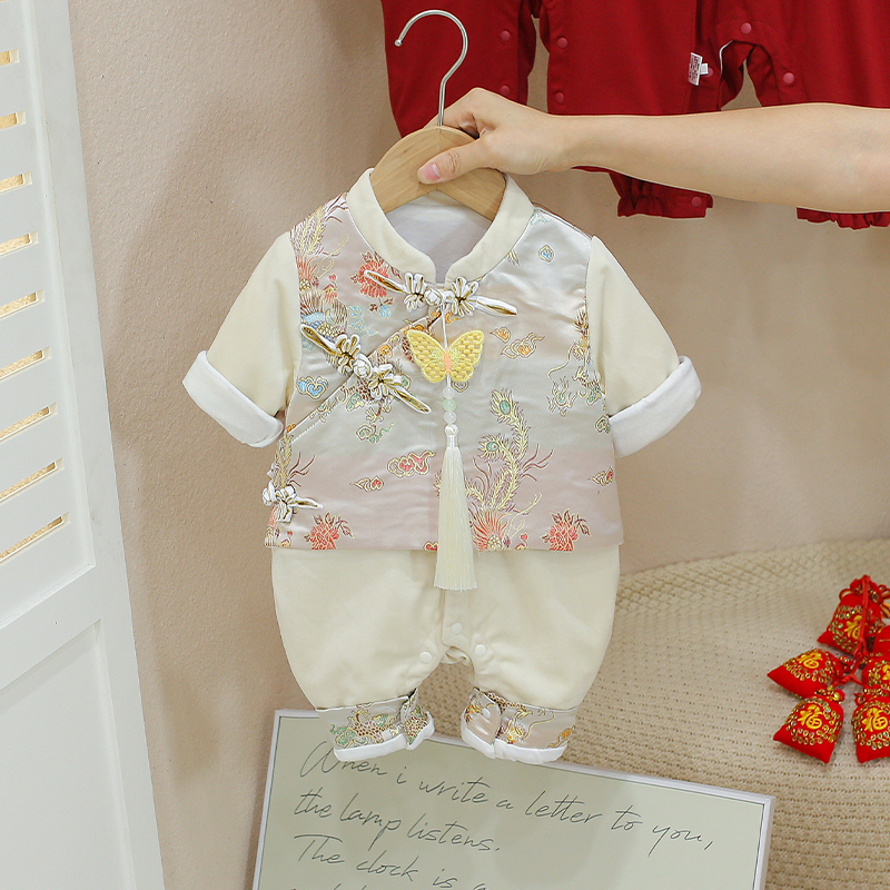 国风新生儿秋装汉服中国风假两件女宝满月唐装百天抓周服拍照礼服