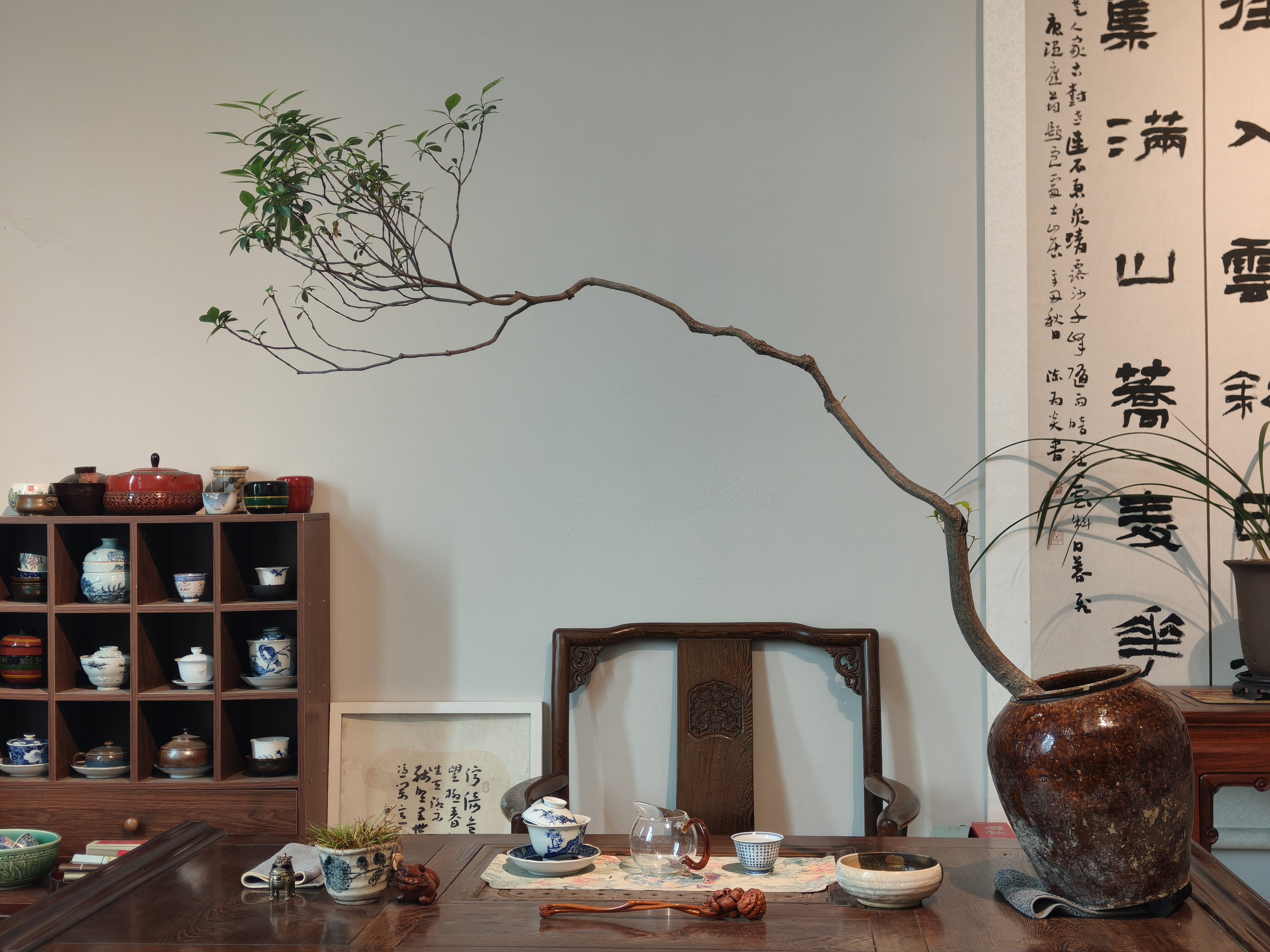 意境感茶台桌飘枝海岛春花鸡爪飘枝精品熟桩老辣鸡爪技茶空间室内