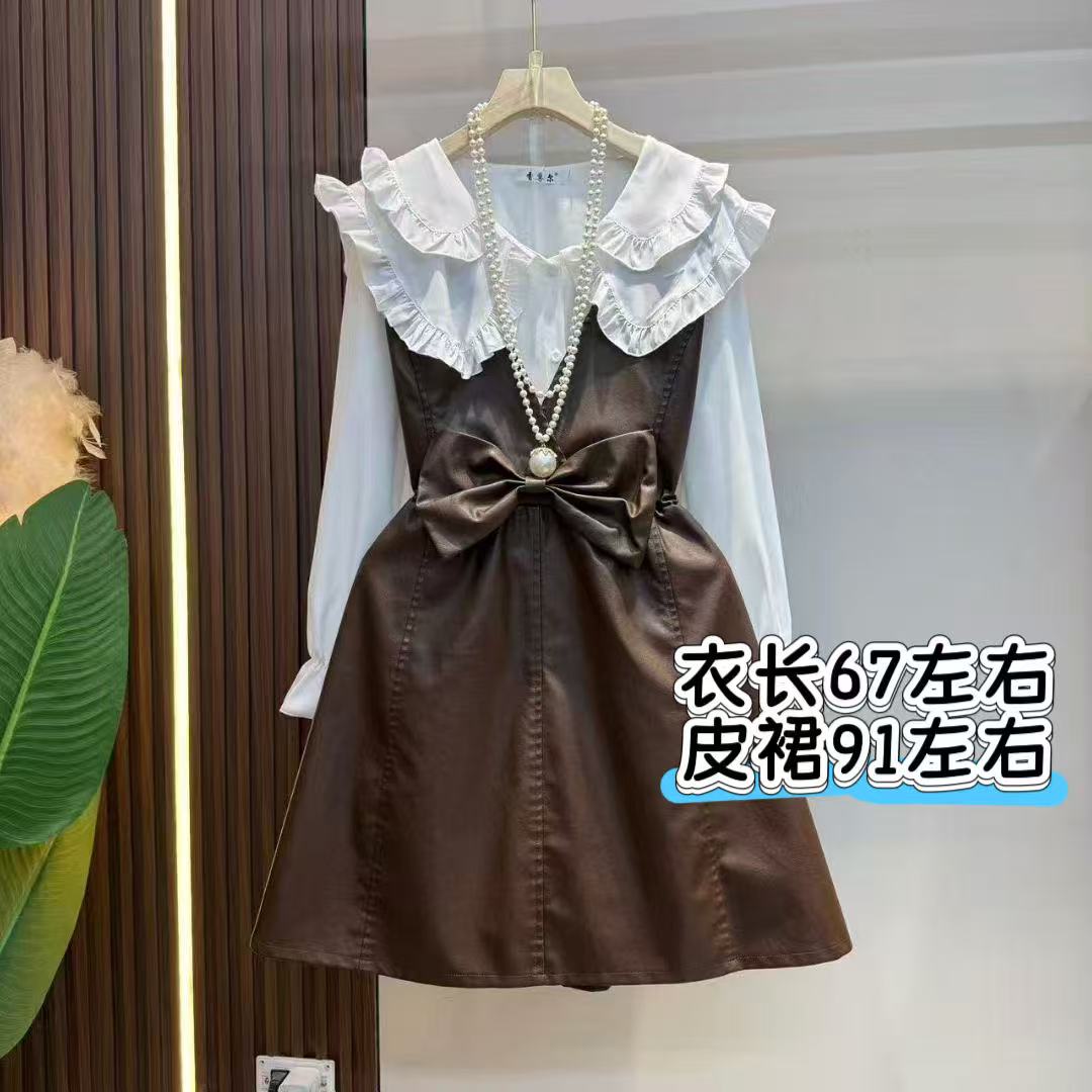 凤儿家-77203 洋气减龄蝴蝶结双面连衣皮裙+娃娃领长袖衬衫2233