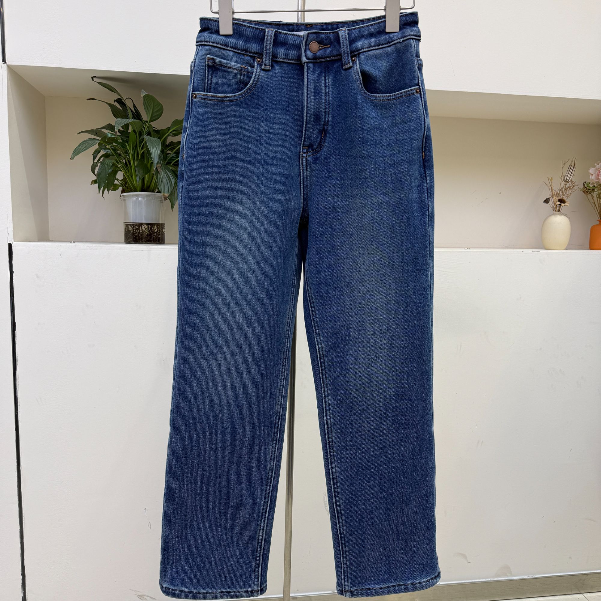 zaw大码女裤小个子加绒牛仔裤秋冬胖mm高腰显瘦九分烟管直筒